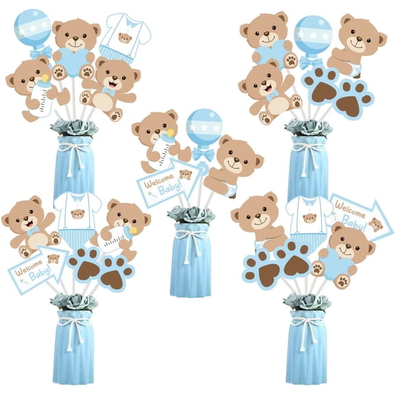 24 Pieces Bear Baby Shower Centerpiece Sticks Bear Theme Boy Birthday Table Toppers Double Sided Print Photo Booth Props
