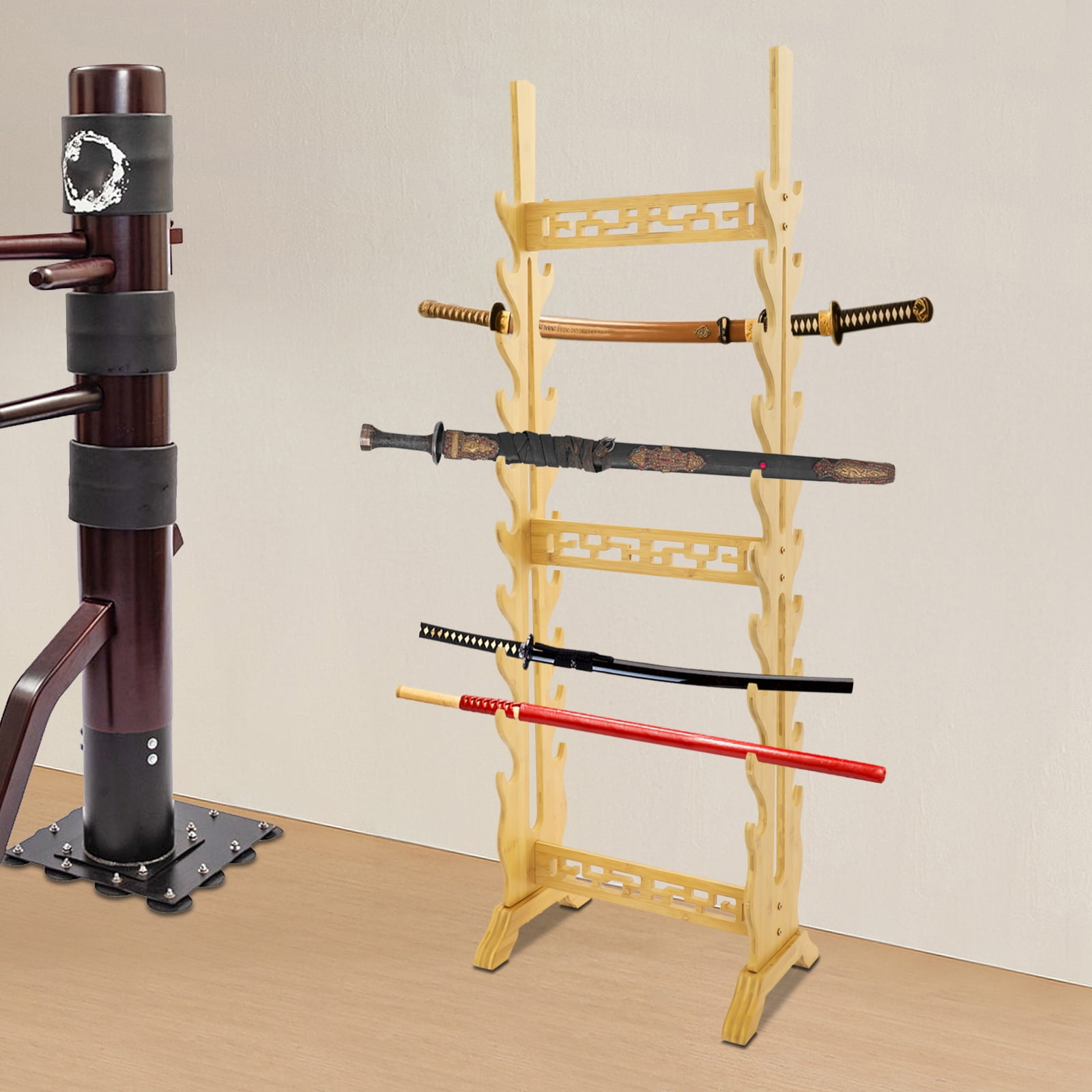 ToppiJoy 20 Tier Wooden Vertical Sword Display Stand, Multiple Samurai Katanas Swords with 3 Spear Holes (Wood Color)