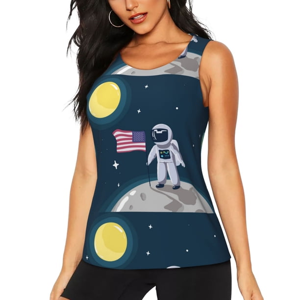 Fotbe Astronaut With USA Flag Blusas Sin Mangas para Mujer – Estilo Casual, Corte Suelto, Slim-Fit, Cuello Redondo Deportivo, Tops de Verano para Gimnasio y Yoga-XX-Large