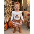 thumbnail image 3 of Loicainy 4Pcs Infant Baby Girl Thanksgiving Outfit 3 6 12 18 Months Long Sleeve Crew Neck Croissant Print Romper Plaid Layered Skort Headband Socks Clothes Set, 3 of 9