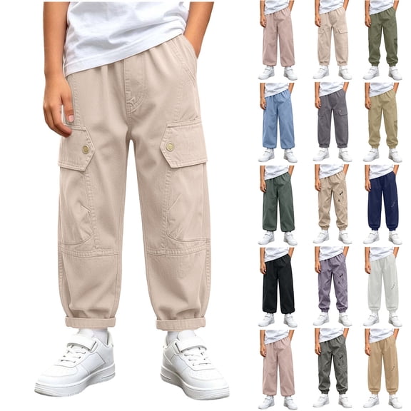 ShomPort Kids Boys Girls Cargo Pants Hiking Elastic Waist School Uniforms Long Pant with Pockets for 1-15 Years