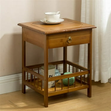 Bamboo End Side Bedside Table Nightstand Bedroom Decor W/ Drawer & Bottom Shelf