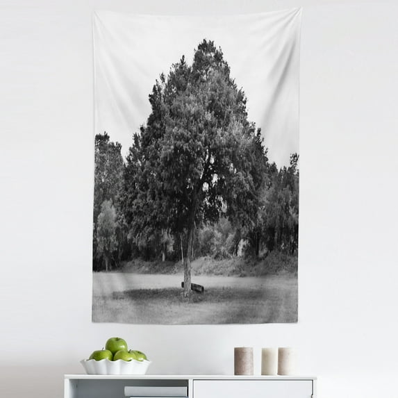 Nature Scene Tapestry, Leafy Blooming Tree Lonely in Woods Vintage Effect Photo, Fabric Wall Hanging Decor for Bedroom Living Room Dorm, 5 Sizes, Charcoal Grey Pale Grey, by Ambesonne
