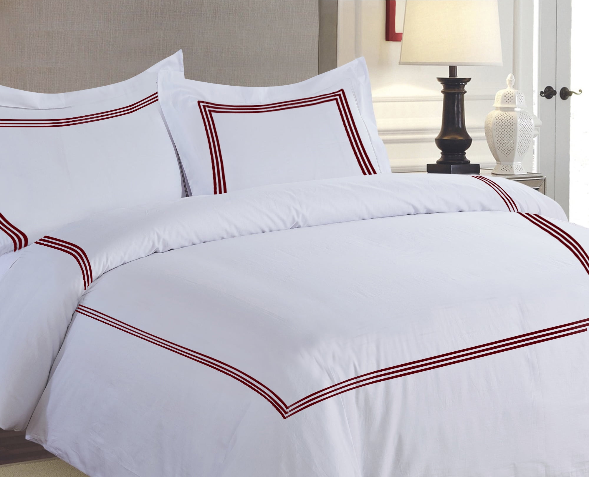 MISR LINEN 400 Thread Count Egyptian Cotton Full Size 3-Piece DuvetCover Set with 3 Line Embriodery Zipper Closer & Corner Ties (1 Duvet Cover & 2 Pillow Sham), Burgundy Solid