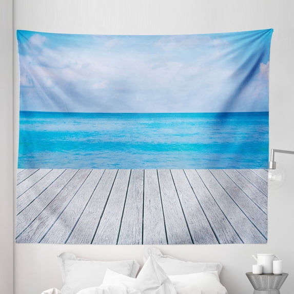 Rustic Tapestry, Wooden Pier and Ocean Open Horizon Nautical Scenery Marine Love Beach Coast, Fabric Wall Hanging Decor for Bedroom Living Room Dorm, 5 Sizes, Sky Blue Pale Grey, by Ambesonne