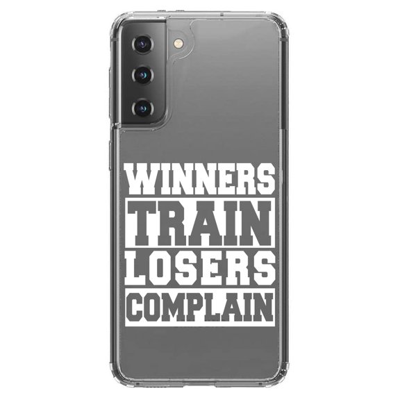 DistinctInk Clear Shockproof Hybrid Case for Galaxy S21 5G (6.2" Screen) - TPU Bumper Acrylic Back Tempered Glass Screen Protector - Winners Train Losers Complain