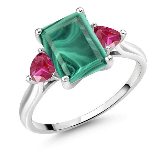 Gem Stone King 10K White Gold Green Malachite and Red Created Ruby 3 Stone Engagement Ring for Women (4.04 Cttw, Emerald Cut 9X7MM, Gemstone Birthstone, Size 8)