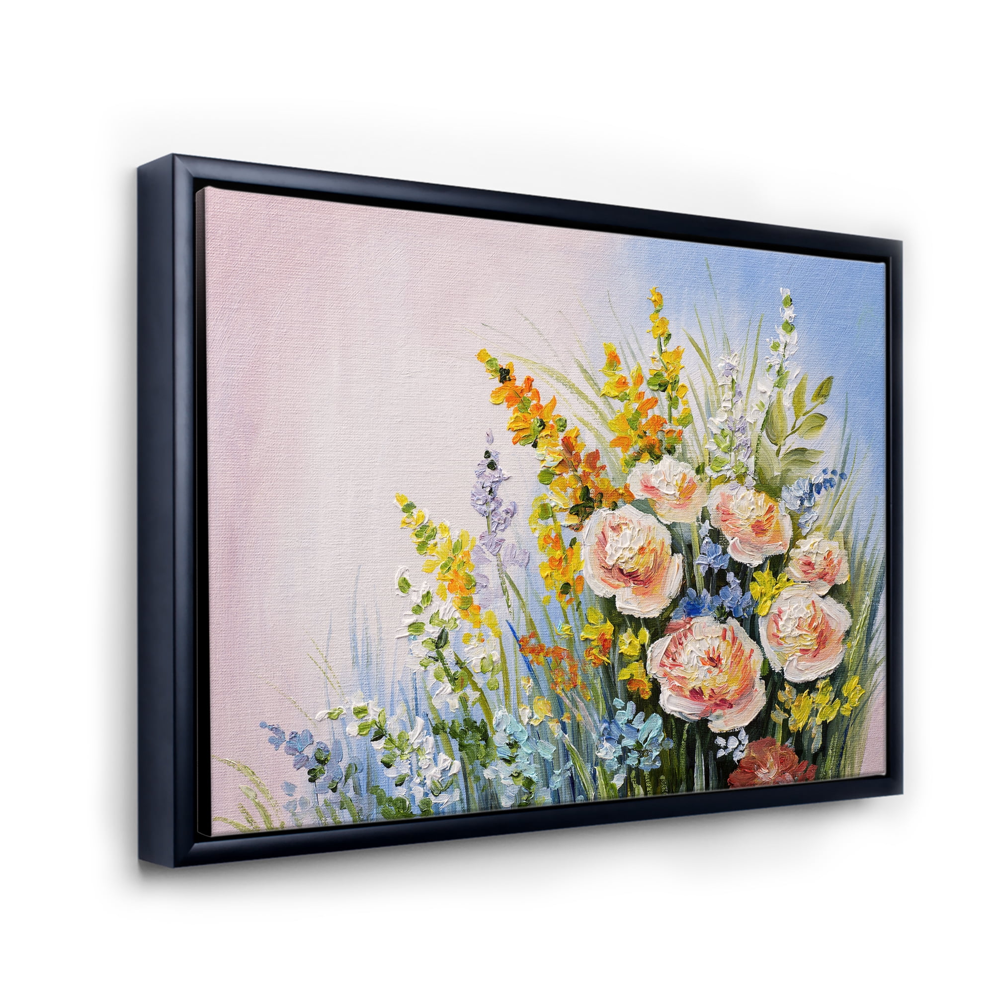 Yellow and Pink Summer Wildflowers 20 in x 12 in Framed Painting Canvas Art Print, by Designart