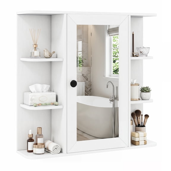 Costway Wall Mounted Bathroom Medicine Cabinet with 3 Inner Shelves & 6 Open Side Shelves White