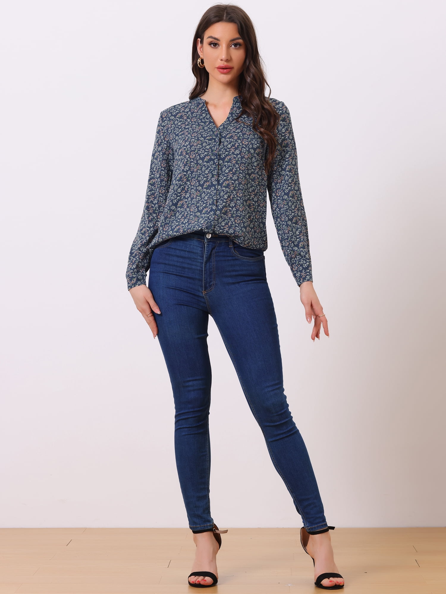 DARING DIVA Women's V Neck Tunic Top Button Up Blouse XL Dark Grey Blue