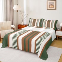 Homewish Modern Geometric Striped Twin Sheet Sets,Retro Minimalist Lines Twin Fitted Sheet,Brown Green Beige Flat Sheet For Boys Kids,Ultra Soft Home Decor,3 Pieces