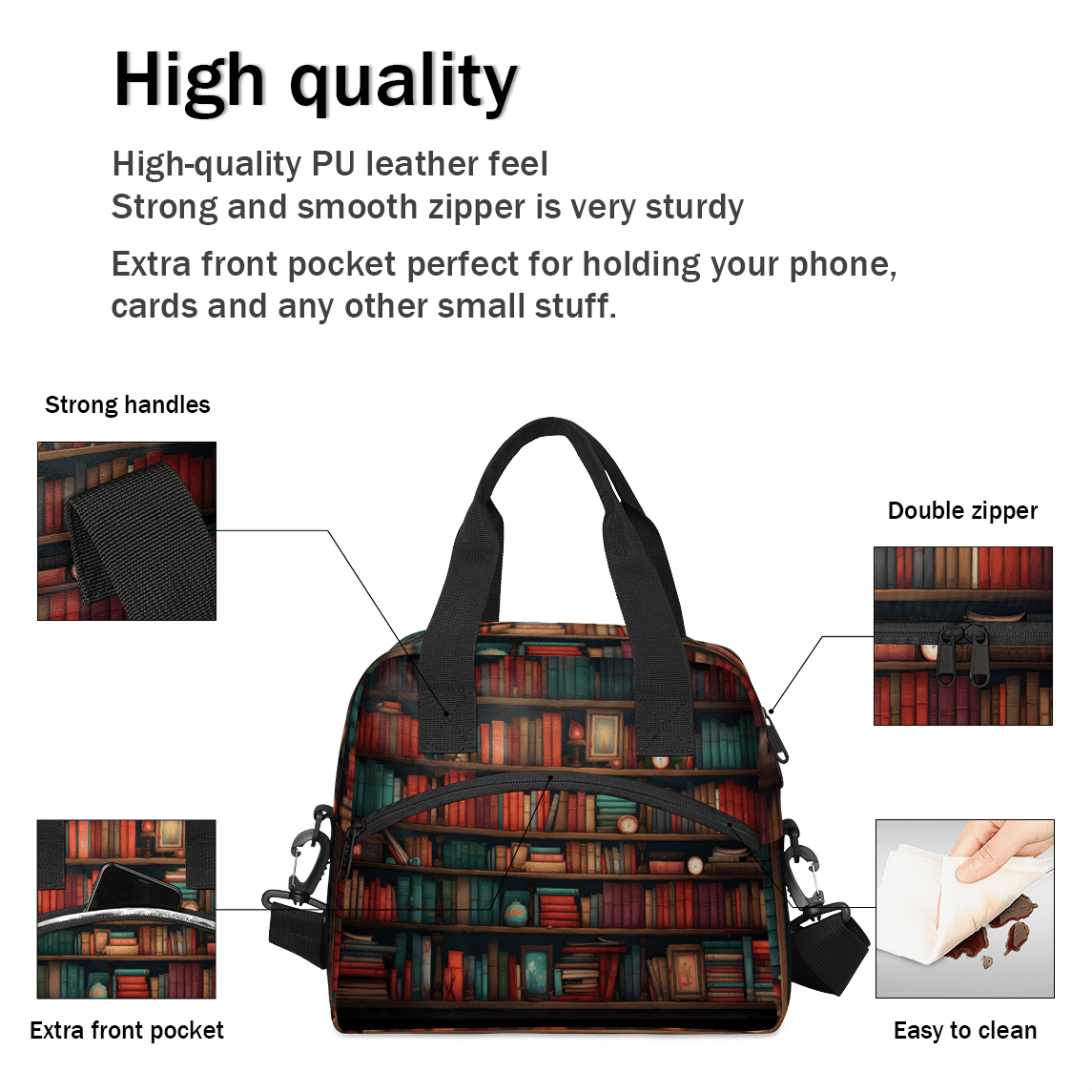 Herdesigns Bookshelf Insulated Lunch Bag for Women Men Adults Large Reusable Lunch Box Leakproof Portable Cooler Tote Bags with Adjustable Shoulder Strap