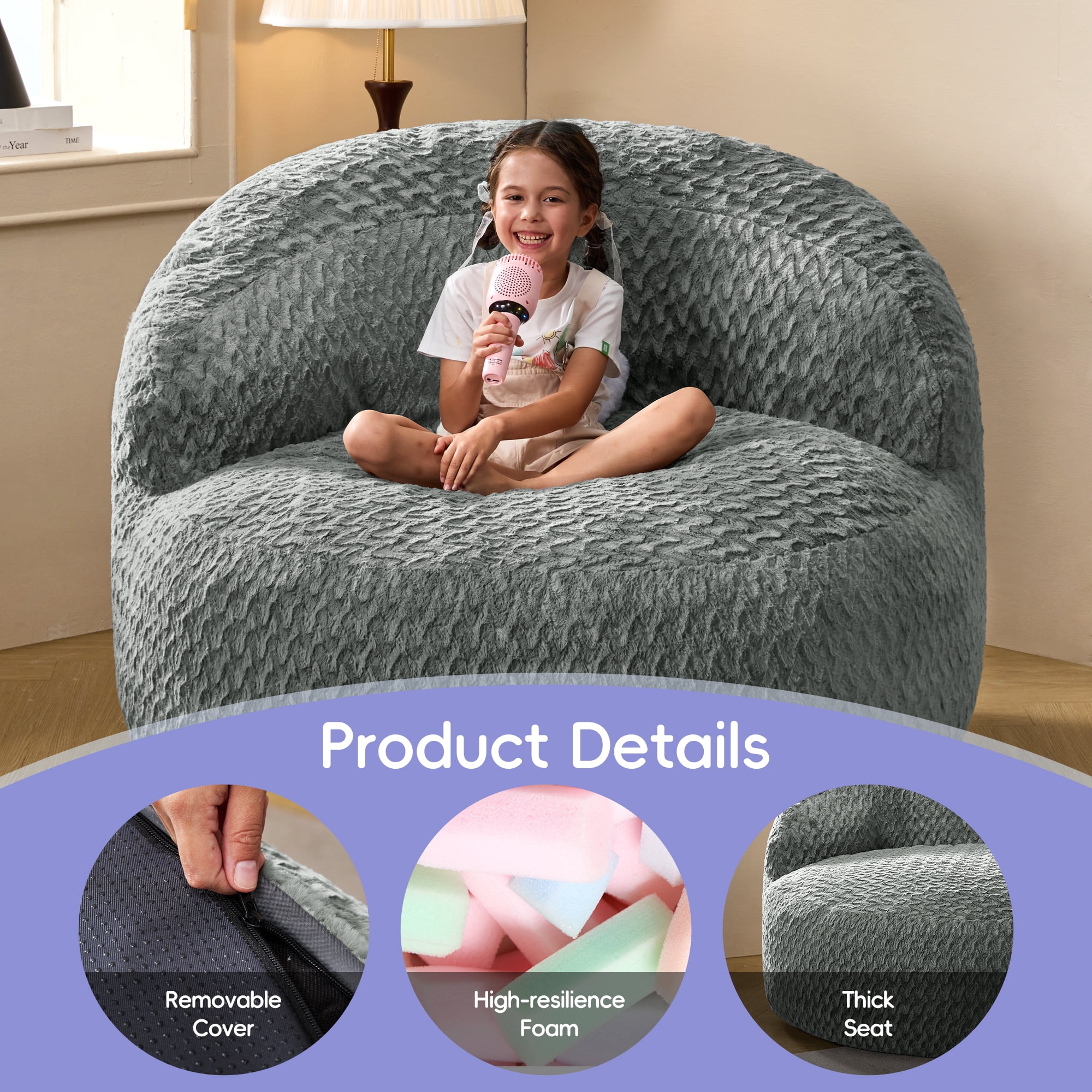Hobestluk 4FT Bean Bag Chair for Adults with Memory Foam Filler Giant Beanbag with Faux Fur Cover for Bedroom (Chevron Grey,Oversize)