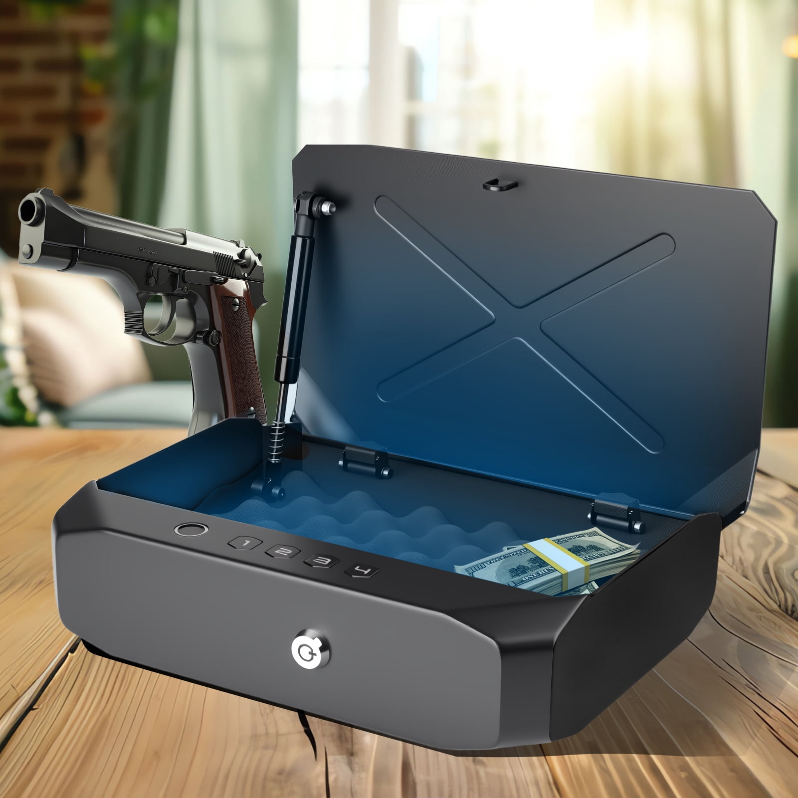Biometric fingerprint pistol safe, revolver safe with fingerprint/backlit keypad/key, suitable for storing 2-3 revolvers, pistol safe suitable for home, nightstand, bedside and car