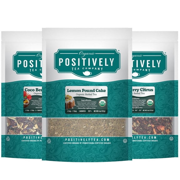 Positively Tea's Organic Herbal Tea Sampler, Loose Leaf, 4 oz Bags, 3 Pack