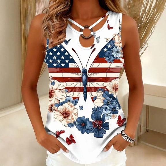 Karymi Going Out Tops for Women Independence Day Print O‑Ring Cutout V‑Neck Sleeveless Tank Top, Patriotic 4th of July Summer Casual Curved‑Hem Vest Cute Tops for Women