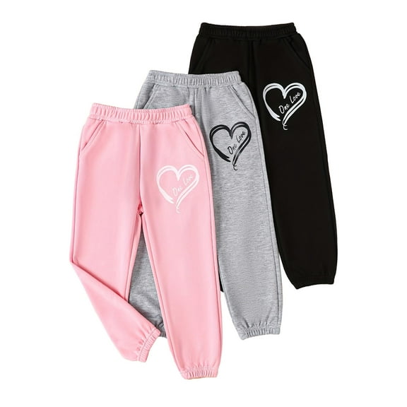 Fdqin Sweatpants for Girls 3 Pcs Letter Graphic Print pants Kids Athletic Joggers Pants with Pockets Pink Grey Black 4-5 Years