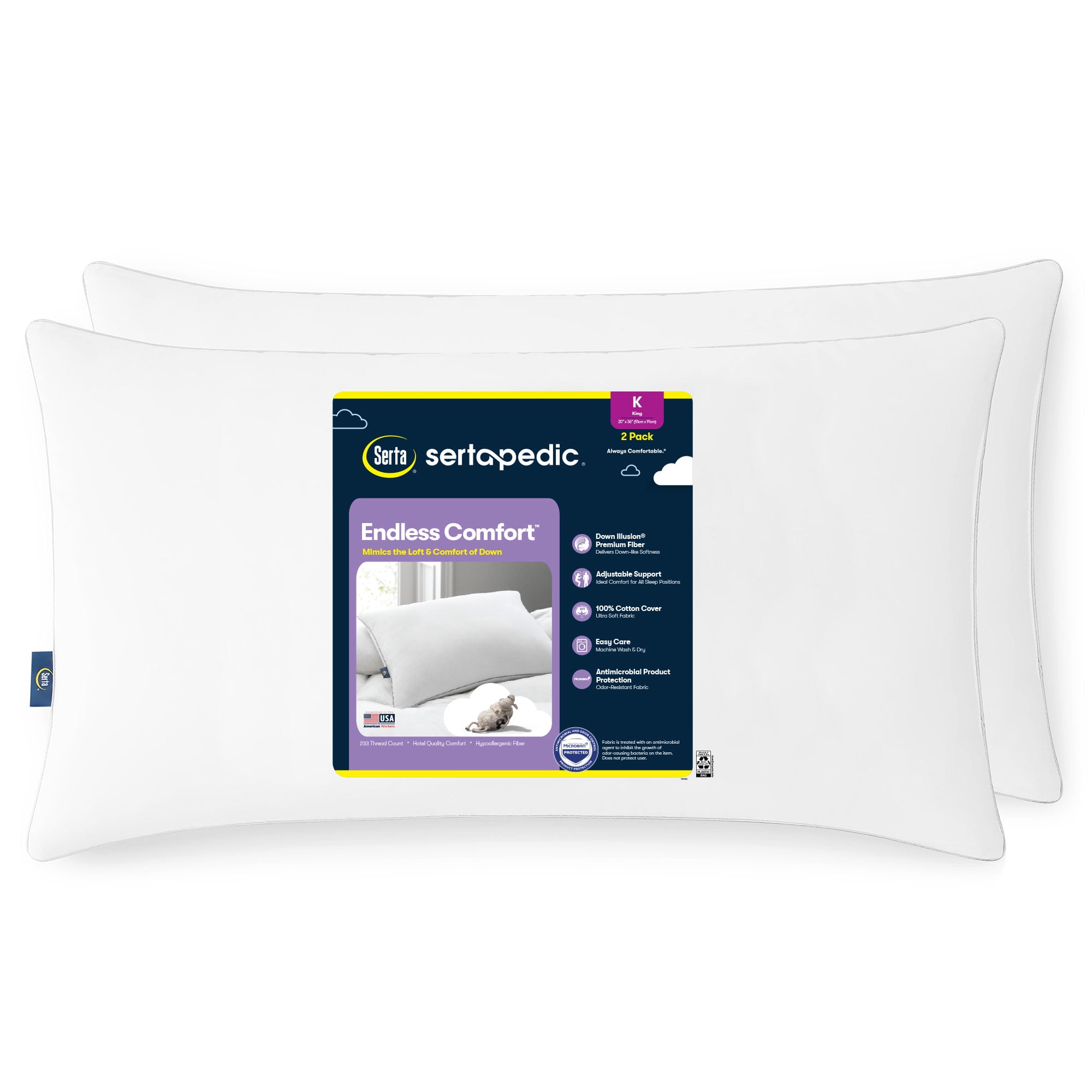 Sertapedic Endless Comfort Bed Pillow, King, 2 Pack