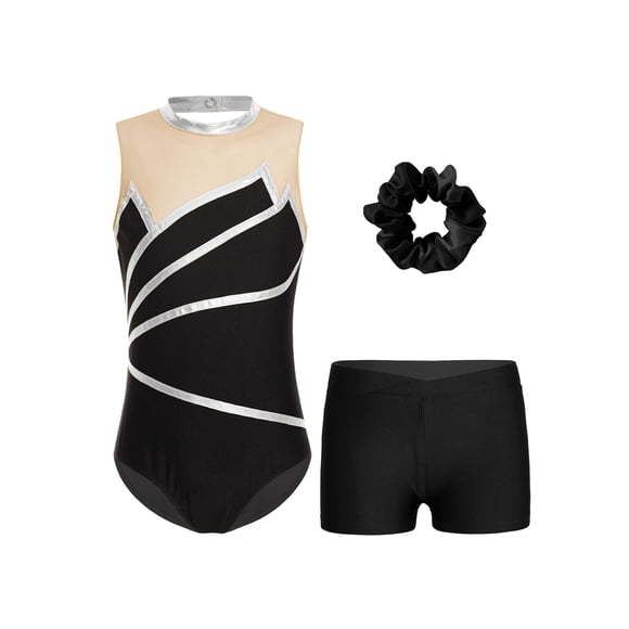 zdhoor Kids 3 Piece Gymnastics Outfit Dance Mesh Loetard Shiny Metallic Unitard and Athletic Booty Shorts Hair Tie Set Silver 16