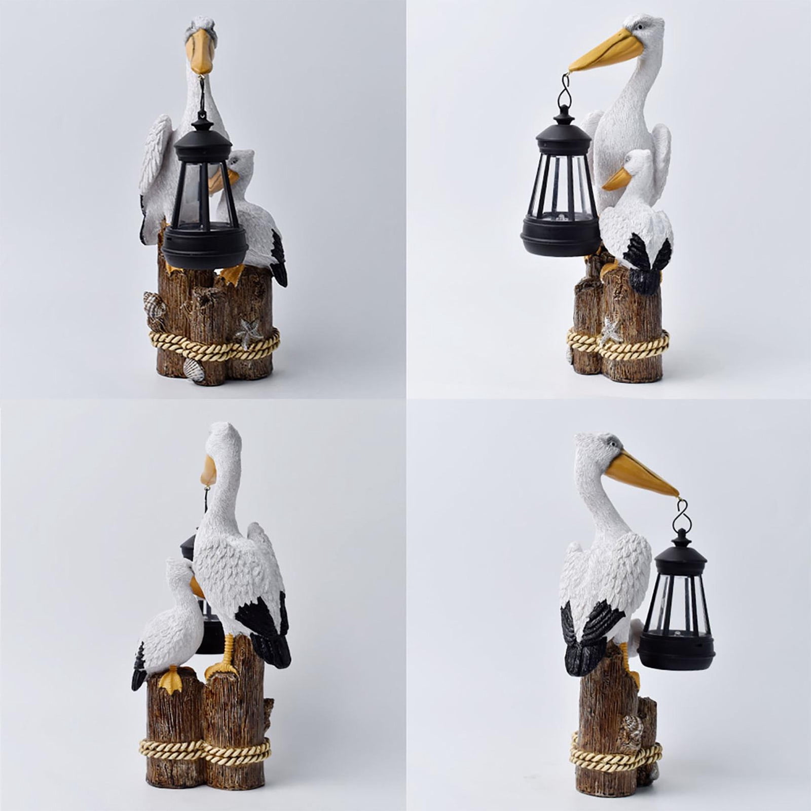 Solar LED Lantern Pelican Statue Resin Seabird Figurine on Tree Stump Mediterranean Style Sculpture for Porch Patio Yard Balcony Decor(C)