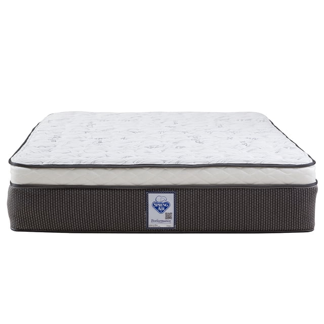 colchón matrimonial spring air le mans semi-firme con eurotop 6 cm y resortes tipo Infinity; vista frontal centrada de colchón 136 x 190 cm, faldón gris texturizado, tapa blanca acolchada con diseño y etiqueta Spring Air Performance; altura aprox. 29 cm. Apto para recámaras matrimoniales y a menudo usado con bases tapizadas.