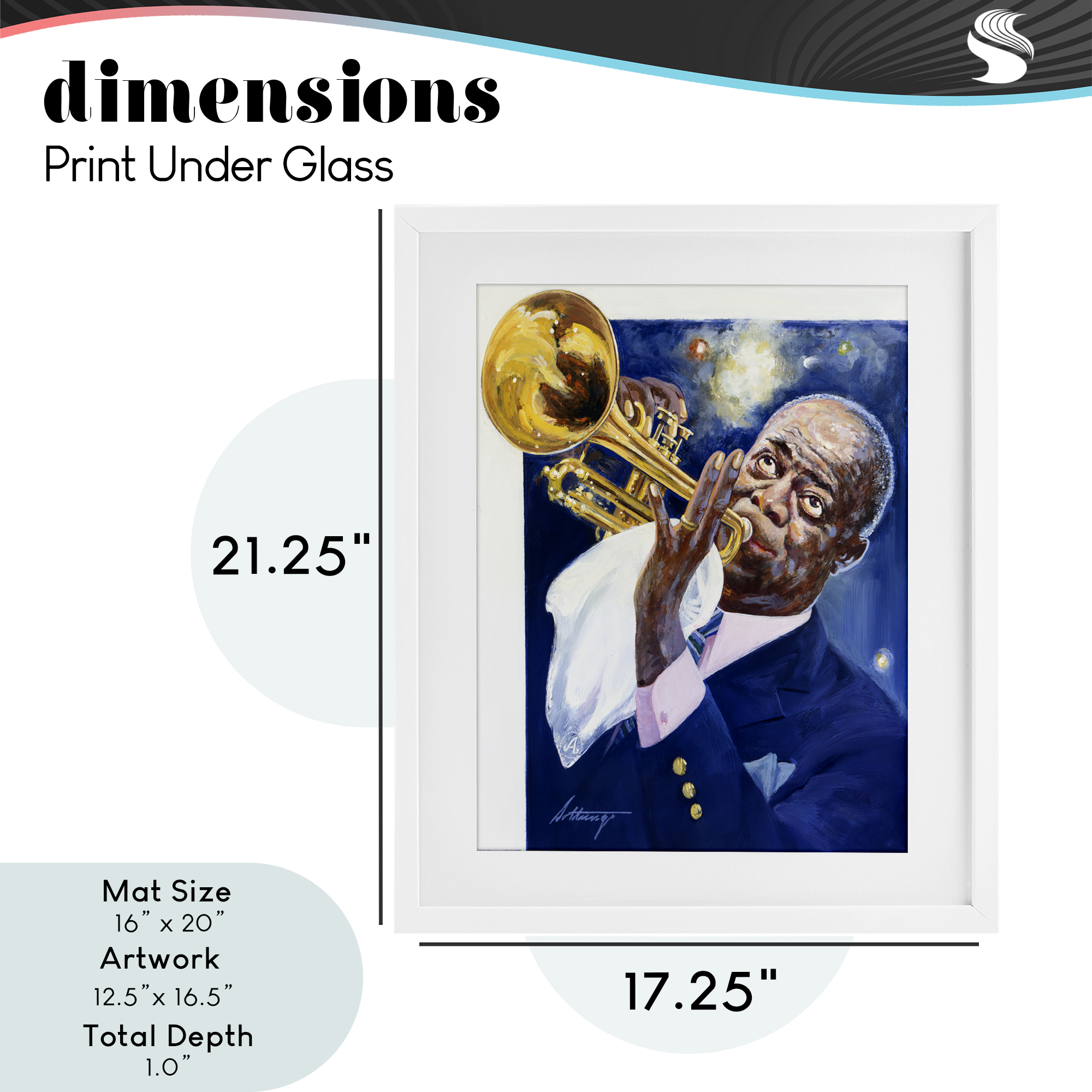 Louis Armstrong Portrait White Framed Print Under Glass, design by Wind River Studios