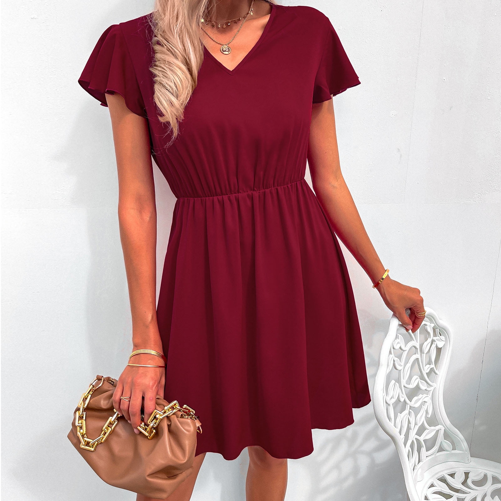 Flutter Sleeve Dress Women Summer Dress Crossed Back Lace Trim Stitching Elastic Waist For Work Dark Red L