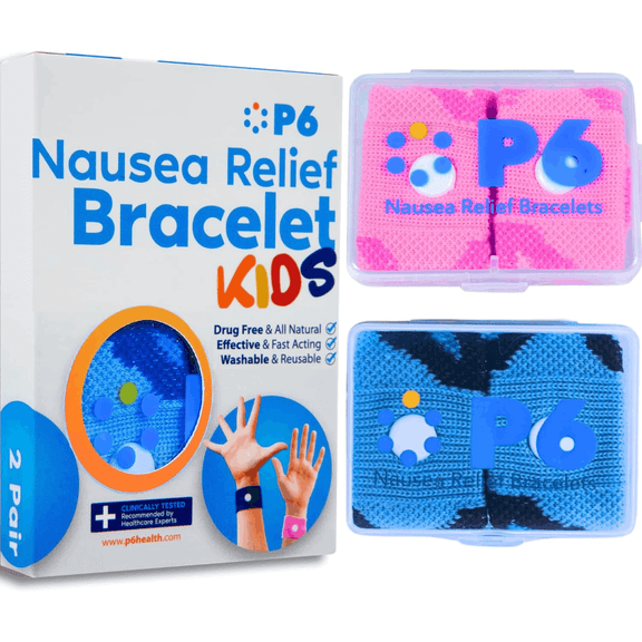 P6 Kids Reusable Motion Sickness & Nausea Support Acupressure Wristbands Set with Travel Case, Pink and Blue, 2 Pack