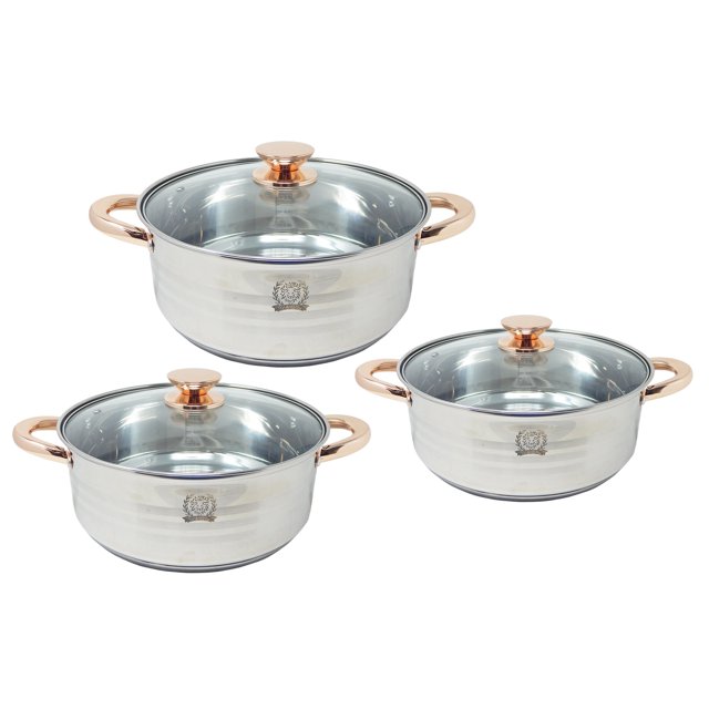 juego 3 arroceras 26, 28, 30cm compatibles inducción plata GURNBERG, tres ollas de acero inoxidable con tapas de cristal templado y asas y pomos en tono cobre, capacidades 7 L, 6 L y 4 L, vista frontal centrada sobre fondo blanco; especificadas con fondo multicapa para cocciones rápidas y altas temperaturas, a menudo usadas también para preparar caldos y guisos familiares.