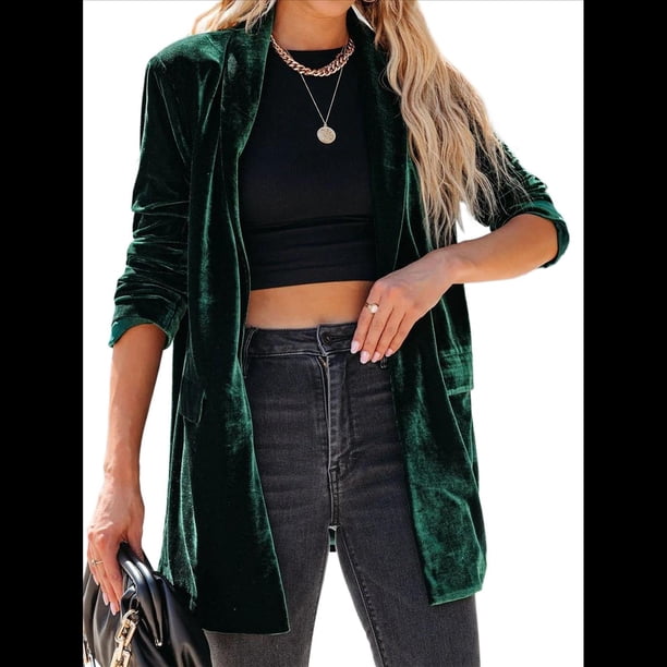 Cárdigan de Terciopelo de Larga para Mujer, Cuello de Solapa, Abertura Frontal, Suéter Vintage con Bolsillo. Verde Oscuro M