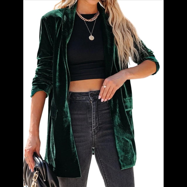 Cárdigan de Terciopelo de Larga para Mujer, Cuello de Solapa, Abertura Frontal, Suéter Vintage con Bolsillo. Verde Oscuro S