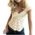 thumbnail image 2 of Stylish Olyvenn Women's Floral Lace Sheer V Neck T Shirt Ruched Short Sleeve Going Out Crop Tops Lace Hollowed Patchwork Blouse Beige XL, 2 of 4