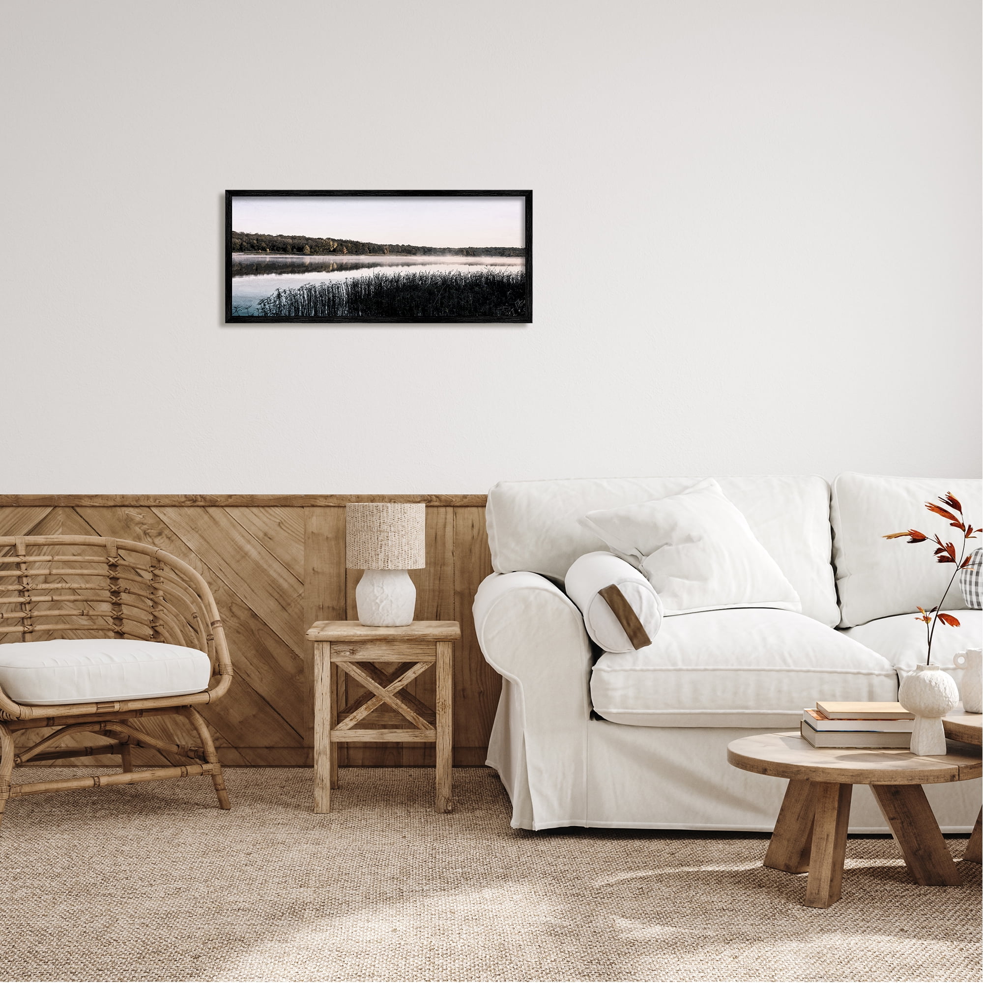 Stupell Industries Waterfront Reeds Landscape Landscape Photography Black Framed Art Print Wall Art, 30 x 13