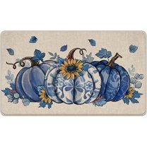 Fall Blue and White Porcelain Pumpkin Decorative Front Door Mat, Autumn Chinoiserie Doormat Indoor Outdoor Non-Slip Floor Entryway Rug, Thanksgiving Sunflower Home Kitchen Decoration 17x29 Inch