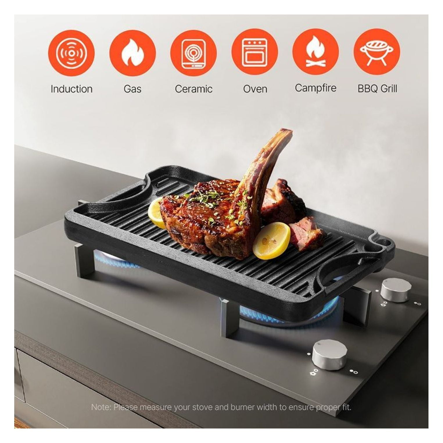 Cast Iron BBQ Grill Griddle Reversible Pan - 14x8.5/20x10 inch - Stove Top Grill Pan for Gas, Electric & Induction - Black