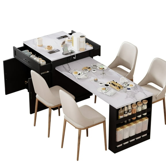 Geetinfly 82.7" Kitchen Island With Extendable Dining Table For 4-6 People, Rolling Kitchen Island With Storage, 2 Drawers & 2 Side Open Shelves, Charging Station
