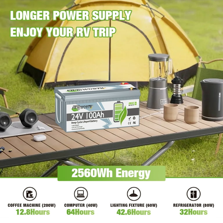 TCBWORTH 24V 100Ah Lithium Battery, Bluetooth Monitoring, Deep