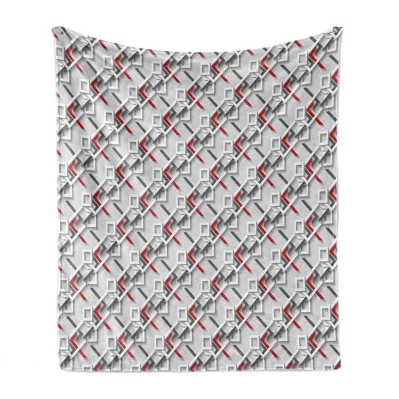 Geometric Soft Flannel Fleece Blanket, Complex Grid Pattern with Modern Design Squares and Chevron Details, Cozy Plush for Indoor and Outdoor Use, 50" x 60", Charcoal Grey White Red, by Ambesonne