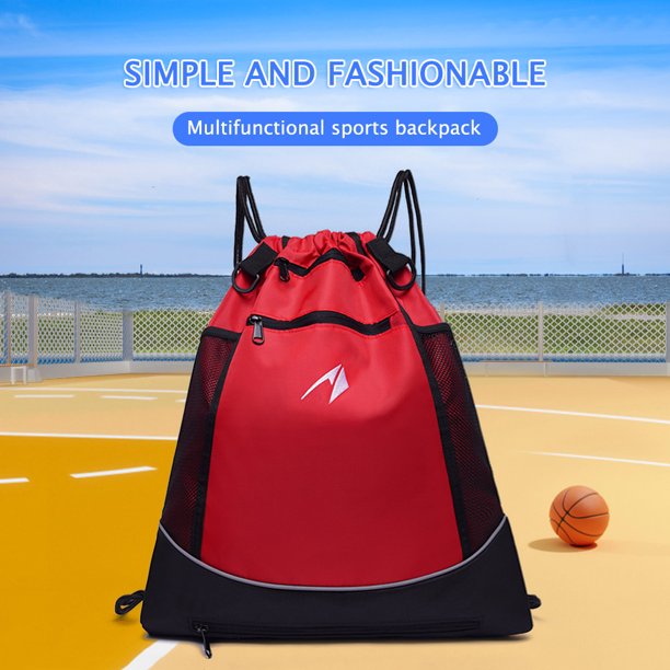 Mochila De Baloncesto Mochila de baloncesto con cordón, bolsa de malla de baloncesto, bolsa de transporte de fútbol (rojo)