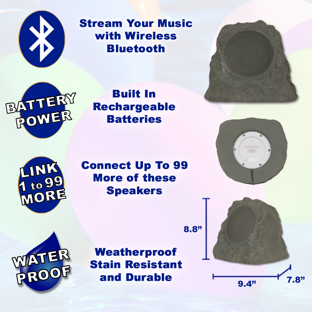 Theater Solutions B43GR Fully Wireless 120 Watt Rechargeable Battery Bluetooth Rock Speaker Pair Slate Grey Link Up To 99 Speakers Wirelessly - image 2 of 7
