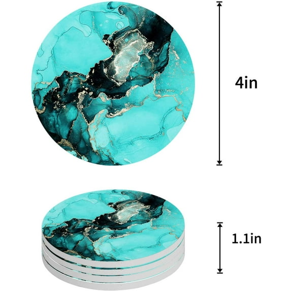 FMSHPON Marble Texture Aqua Green Ink Set of 4 Round Coaster for Drinks, Absorbent Ceramic Stone Coasters Cup Mat with Cork Base for Home Kitchen Room Coffee Table Bar Decor
