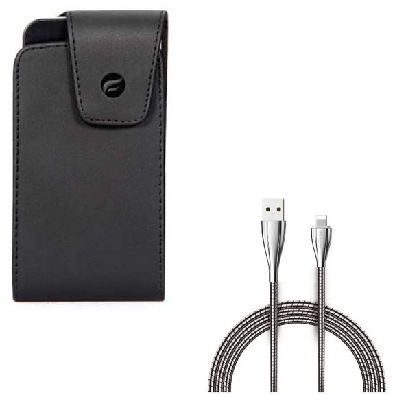 Case Belt Clip w Metal USB Cable for iPhone XS/X - Leather Swivel Holster Vertical Cover, 6ft Charger Cord Power Wire Braided for iPhone XS/X