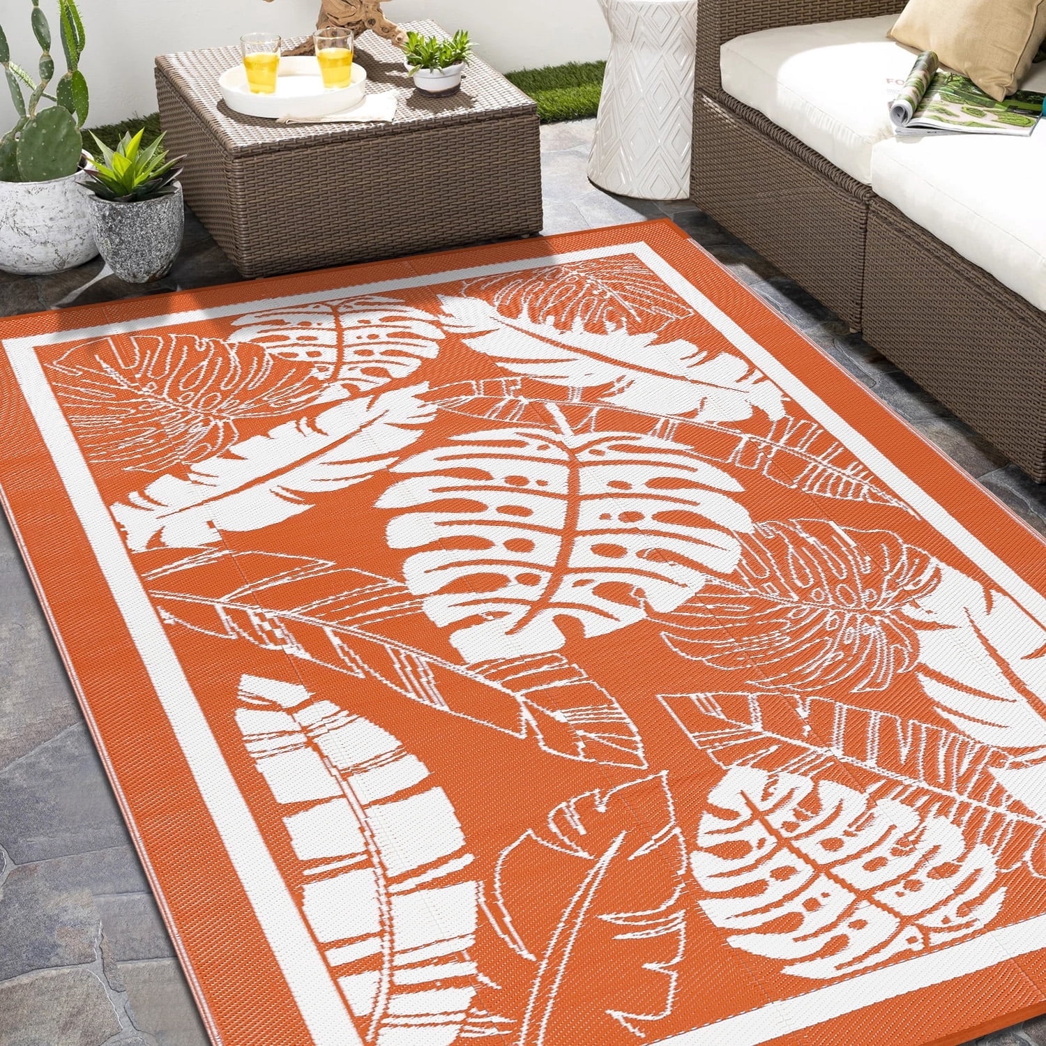 Findosom 6'x9' Outdoor Rug Patios Rug Waterproof RV Outdoor Rug Camping Rugs Reversible Plastic Straw Rug Large Outdoor Mat Outdoor Area Rug for Camping,Balcony Apartment,Patio,Picnic,Beach Orange