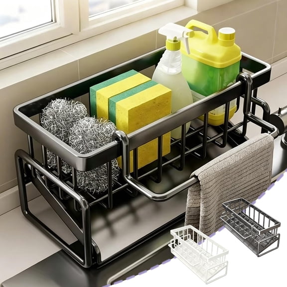 Kitchen Sink Caddy Organizer with Rag Holder, Self-Draining Sponge Holder for Countertop Soap Dispenser Organizers and Storage Essentials, Kitchen Decor and Accessories, AKLJWH, #01 Black