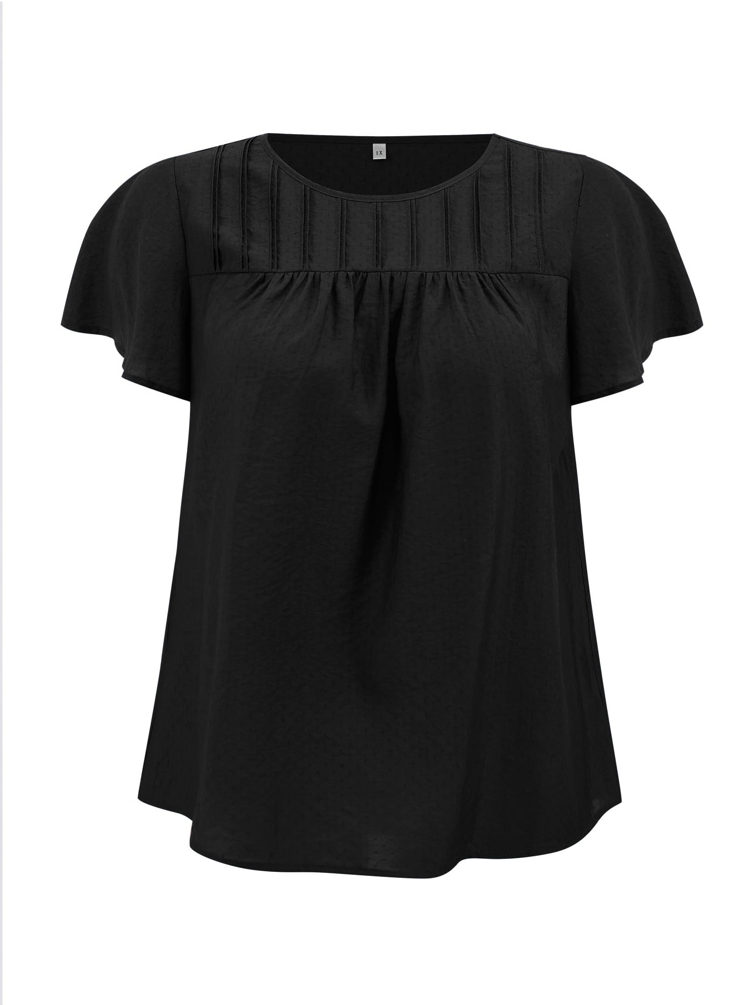 DARING DIVA Women's Plus Crew Neck Ruffle Casual Blouse 1X Black