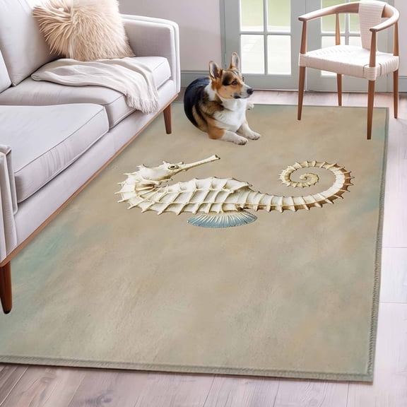 Coastal Seahorse Area Rugs 3'x5', Washable Small Throw Rugs for Living Room Bedroom, Vintage Ocean Animal Hippocampus Khaki Indoor Outdoor Rug Non-Slip Low Pile Carpet Runner Reversible Floor Mats
