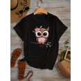 thumbnail image 1 of Owl Print Crew Neck T-Shirt, Casual Short Sleeve Top For Spring & Summer, Women's Clothing, 1 of 6