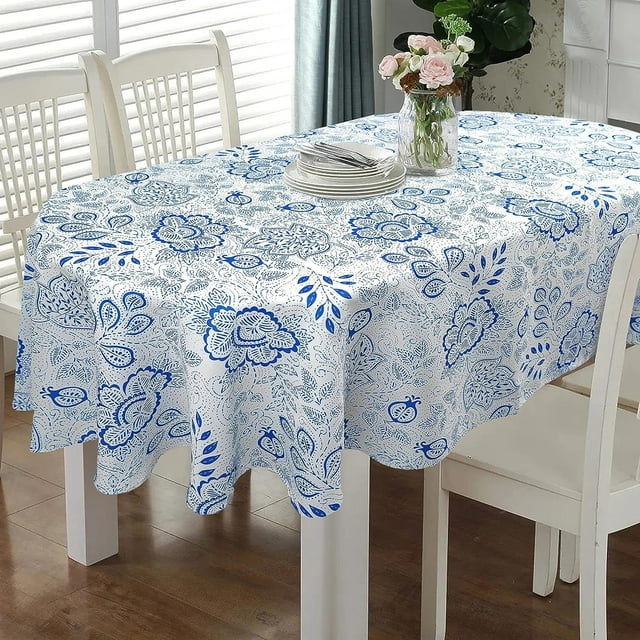 Oval Tablecloth 52 x 70 Inch, Blue Paisley Floral Tablecloth for Oval Table, Fabric Wrinkle Free Washable Waterproof Vintage Tablecloth Oval Table Cloth for Dining Room Table
