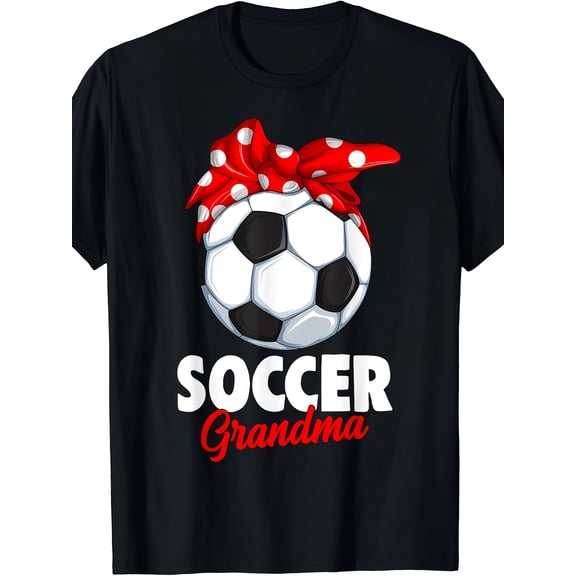 Soccer Grandma T-Shirt Women's Sports Fan Graphic Tee Red Polka Dot Bow Messy Bun Style Grandmother Gift Apparel