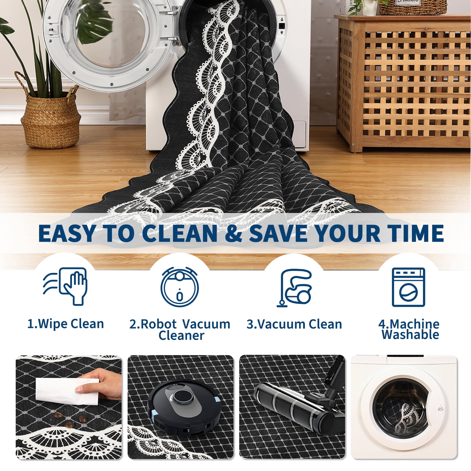 Hasoo Washable Living Room Area Rug 5x7 Modern Scalloped Border Non-Slip Soft Low Pile Indoor Black Carpet